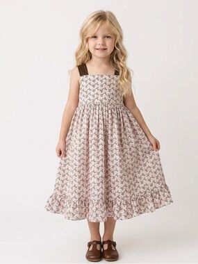 Hannah Kate Girls Pink Brown Floral Square-Neck Dress Ruffles Sz 5 Twirl Skirt